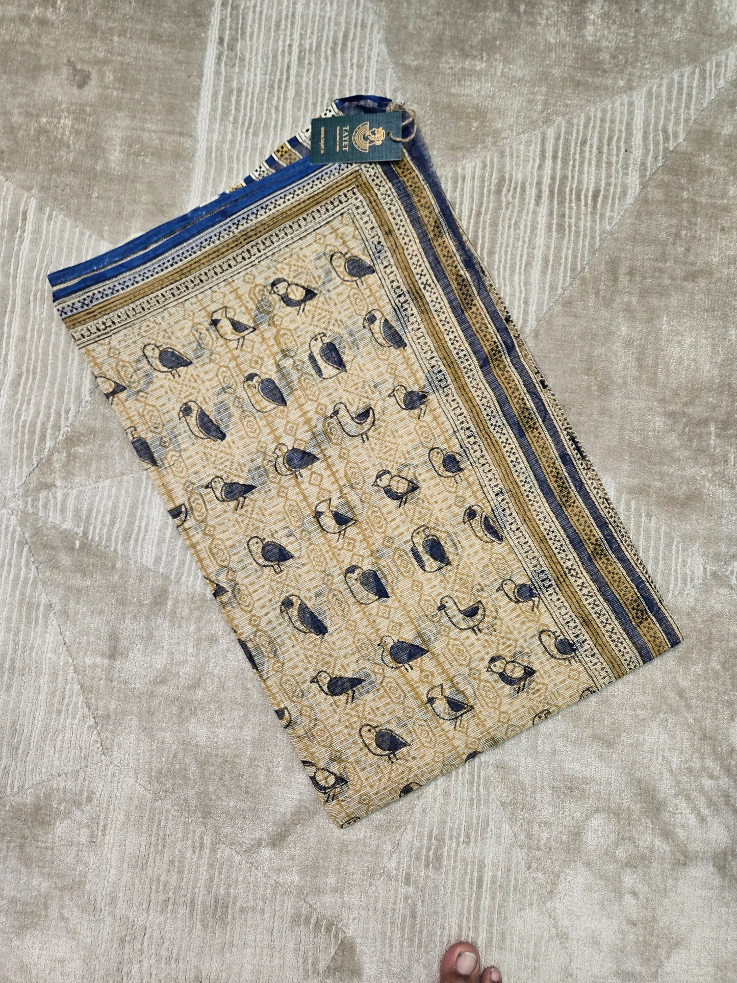 BEIGE BLUE HANDBLOCK KOTA DORIYA SAREE