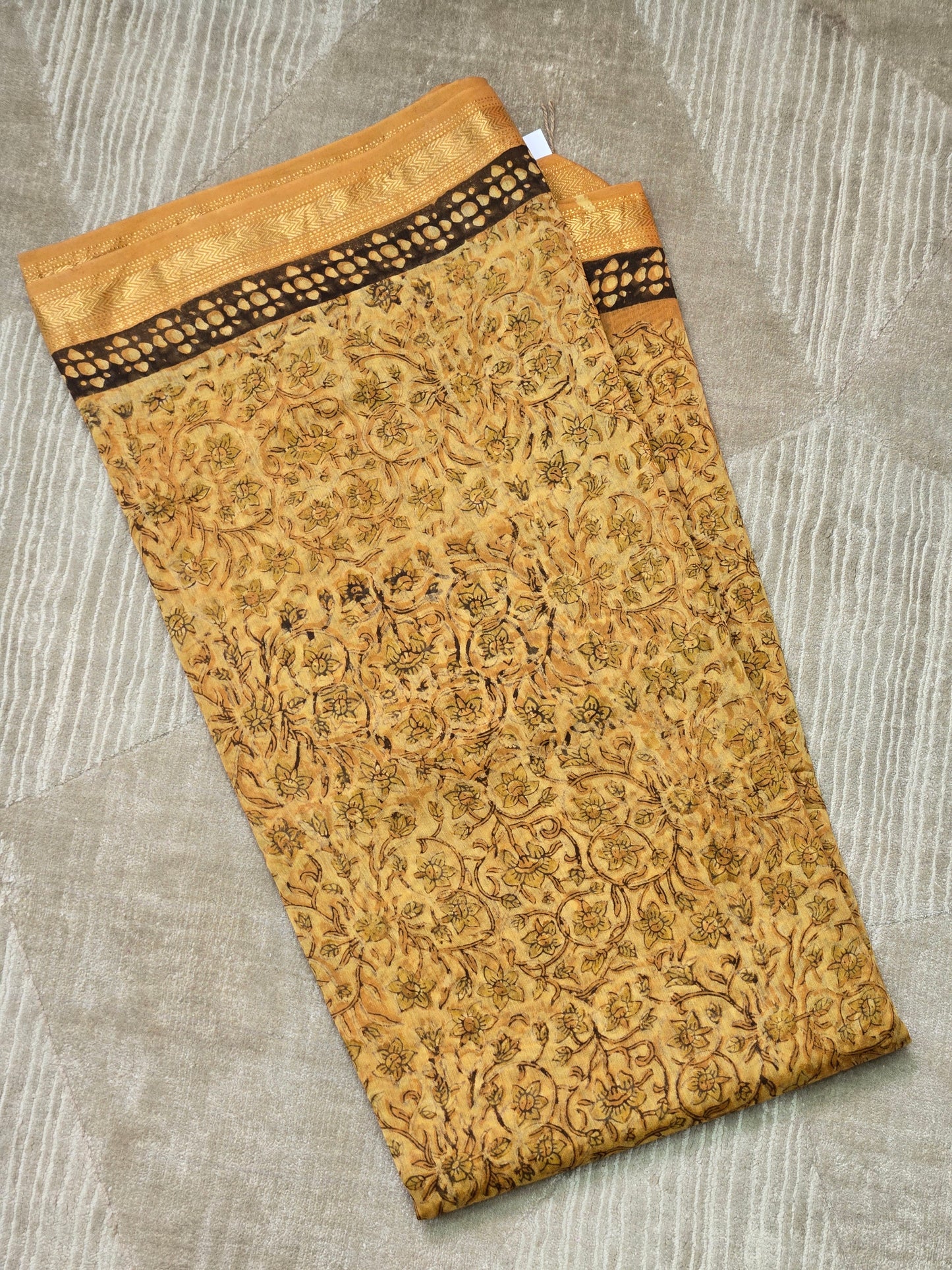 Yellow silk cotton handblock saree