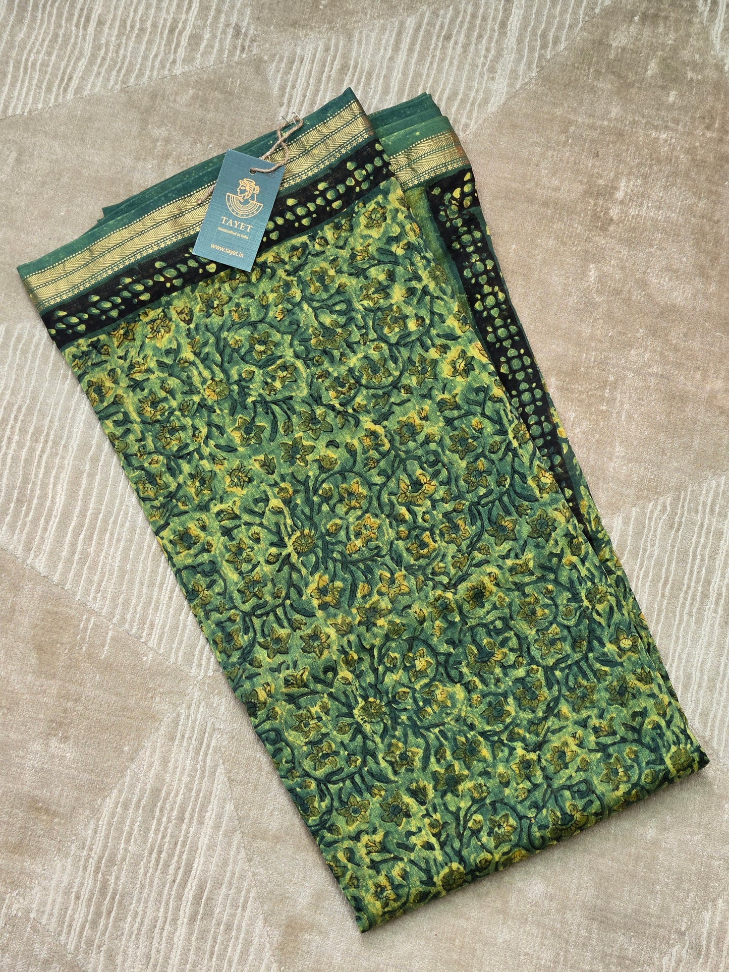 GREEN HANDBLOCK SILK COTTON SAREE