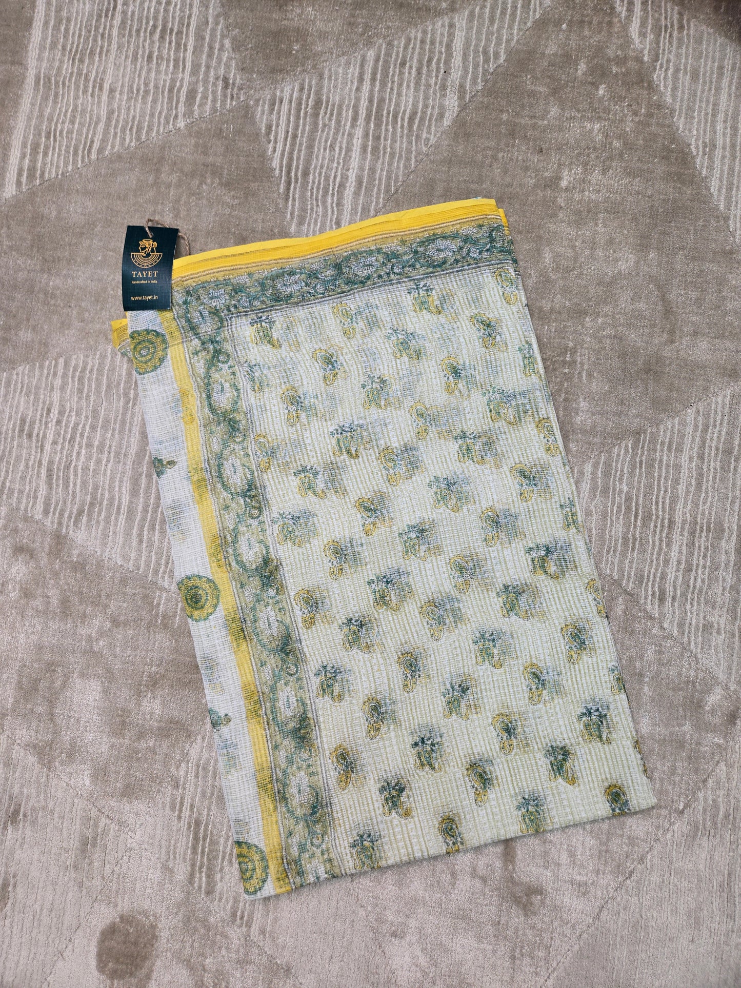 WHITE YELLOW HANDBLOCK KOTA DORIYA SAREE