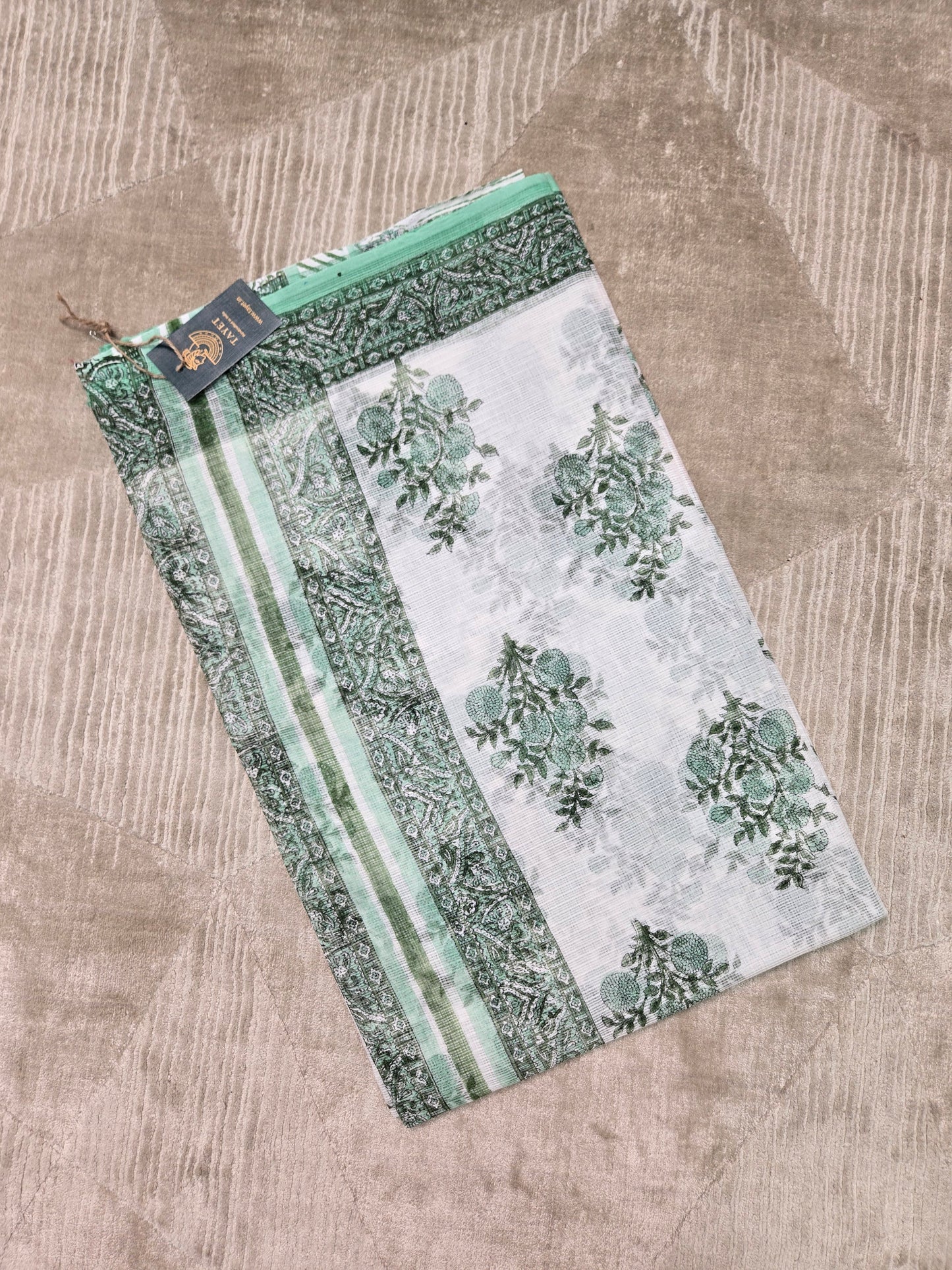 WHITE GREEN HANDBLOCK KOTA DORIYA SAREE
