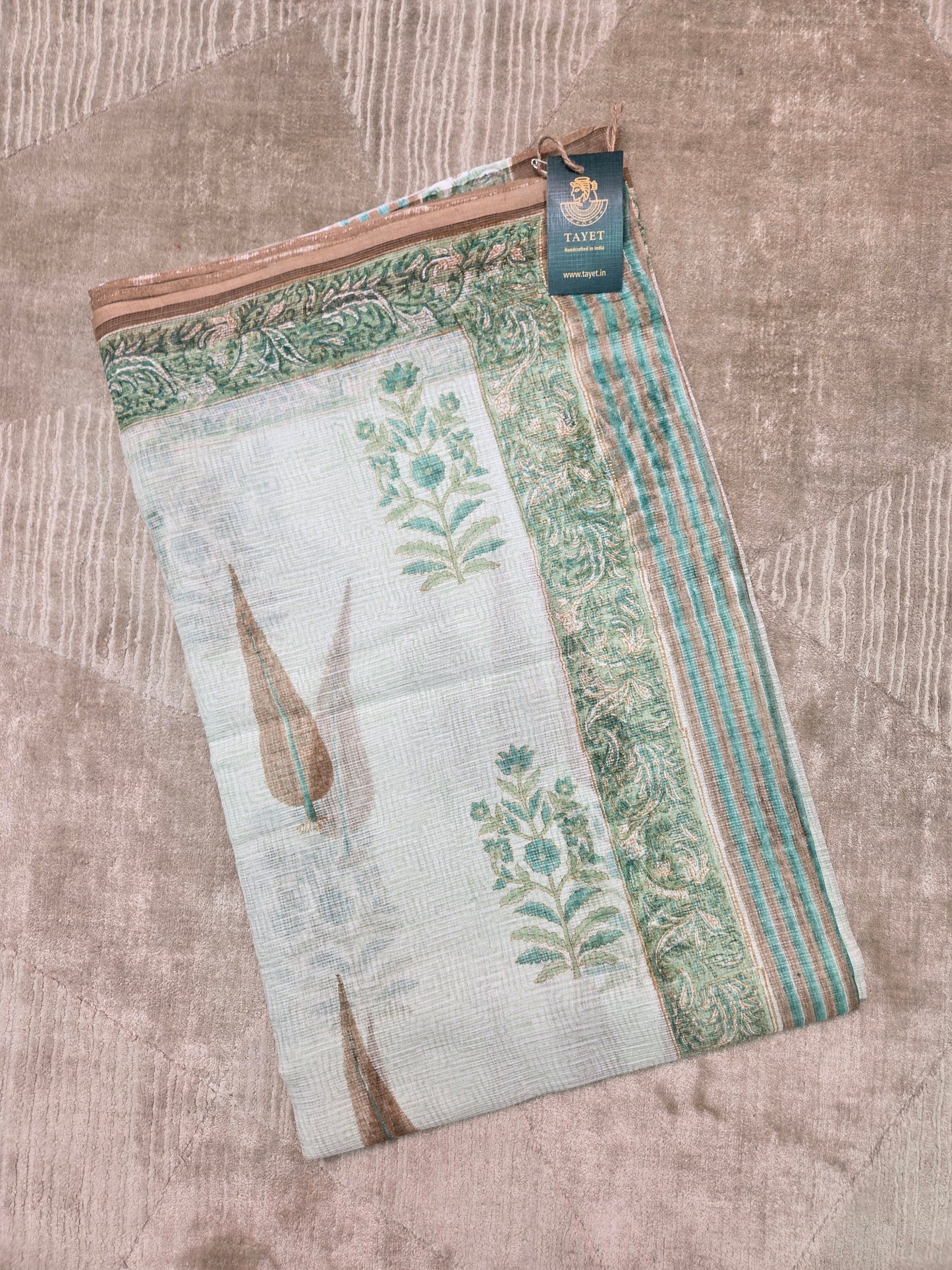 WHITE GREEN HANDBLOCK KOTA DORIYA SAREE