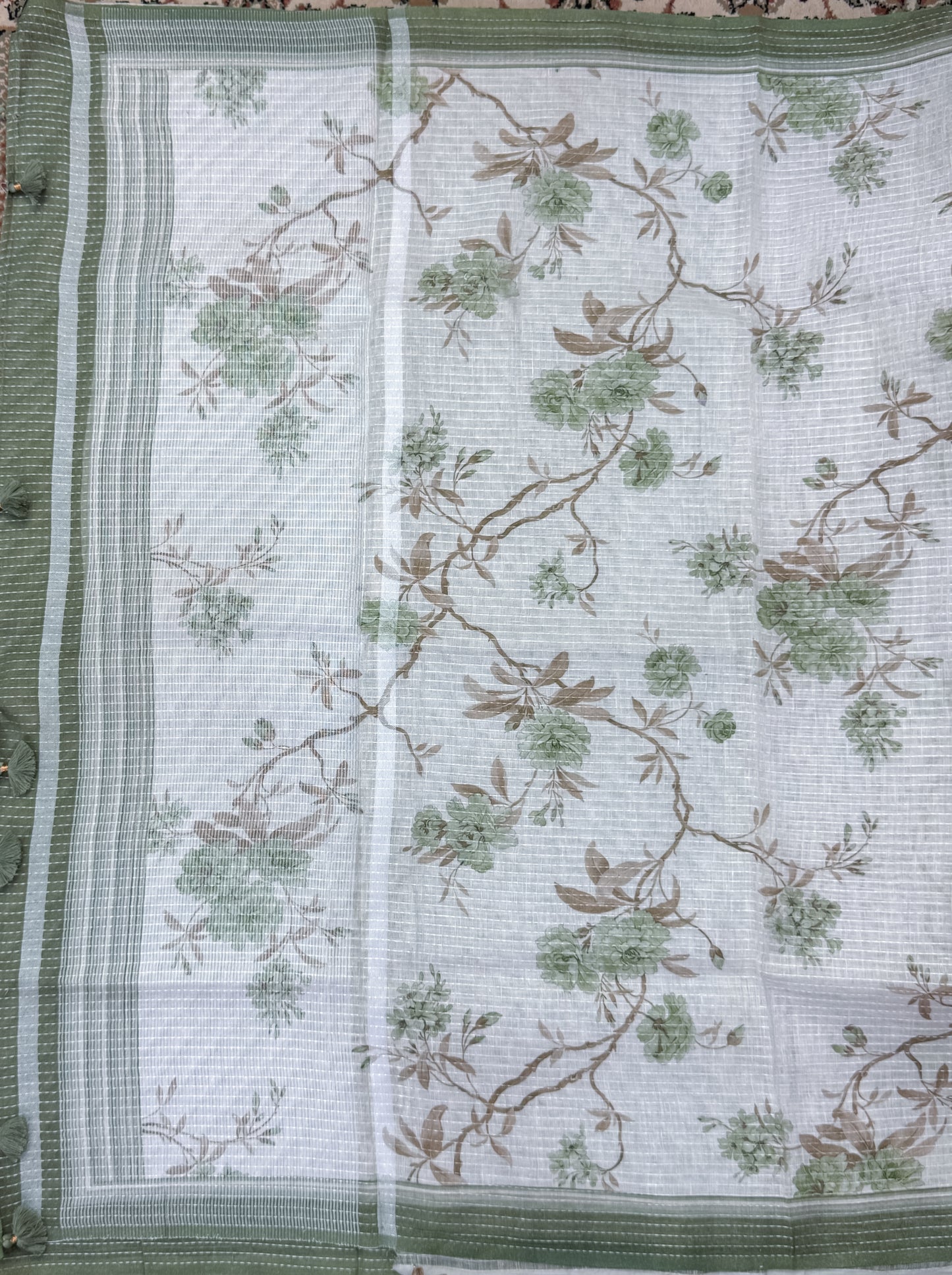 White Geen Printed Linen Saree