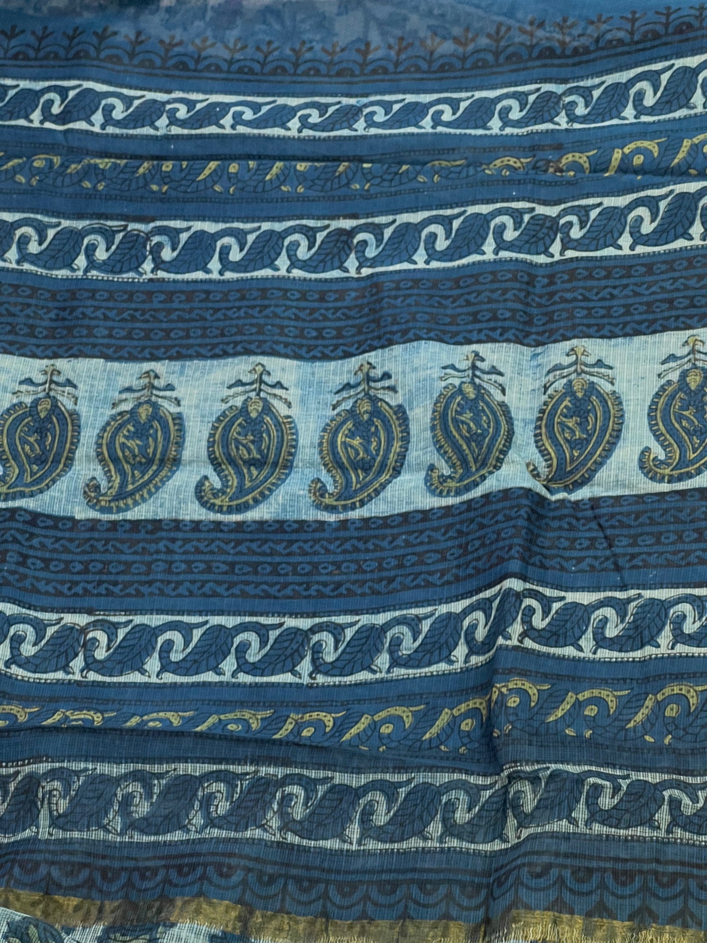 Indigo Handblock Printed Kota Doria Saree
