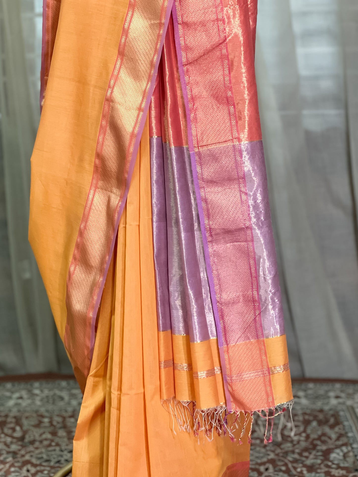 Yellow Maheshwari cotton Silk Saree