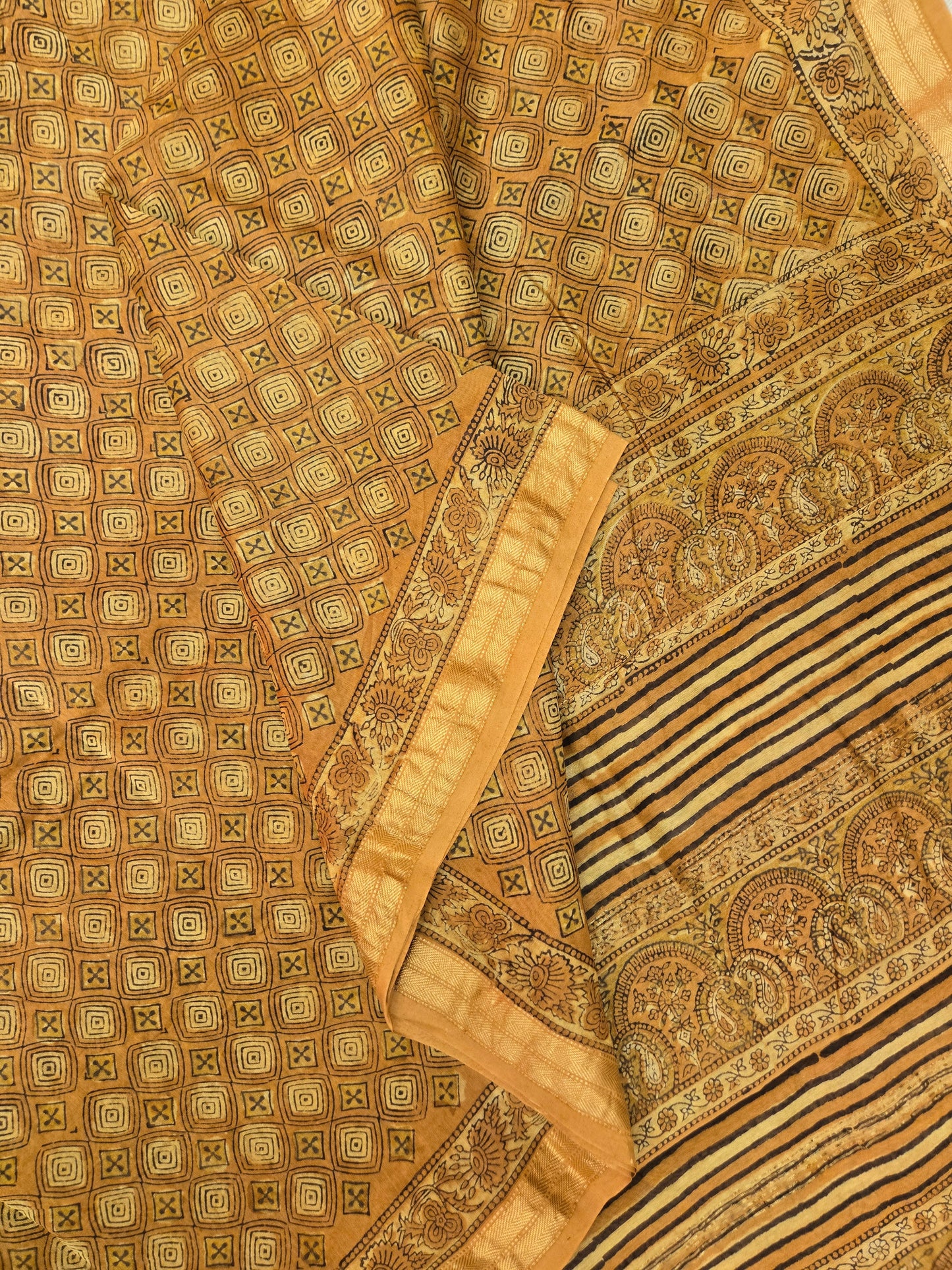 YELLOW SILK COTTON HANDBLOCK SAREE