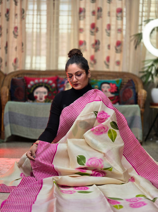 White Pink Printed Silk Saree