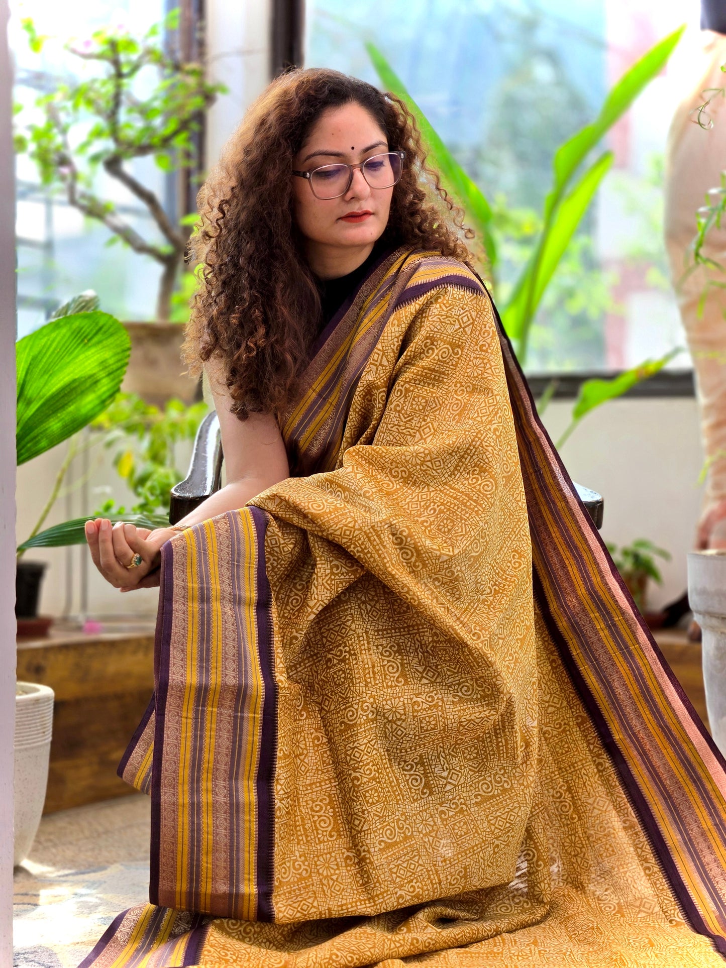 Mustard Printed Silk Cotton Saree