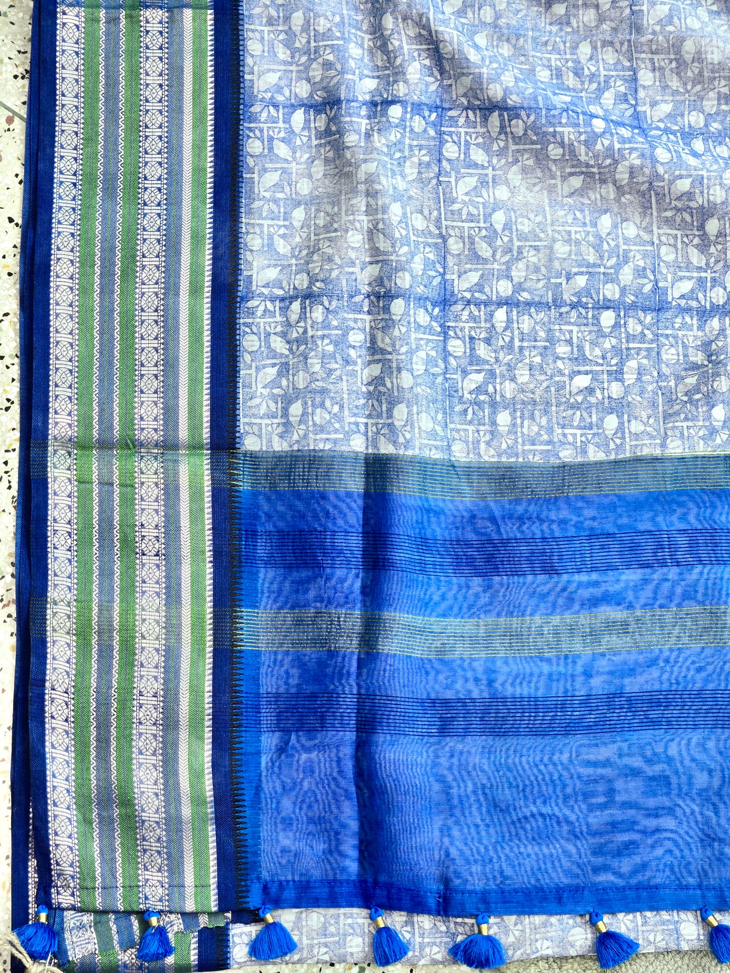 Blue Printed Silk Cotton Saree 2