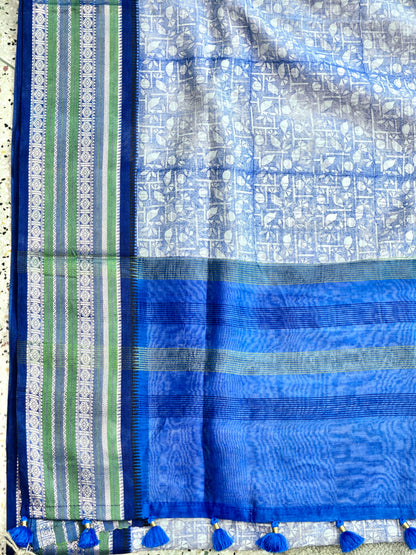 Blue Printed Silk Cotton Saree 2