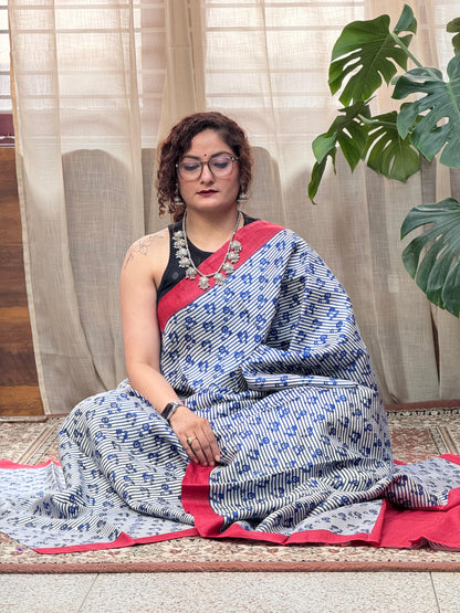 White Blue Handblock Printed Tussar Silk Saree