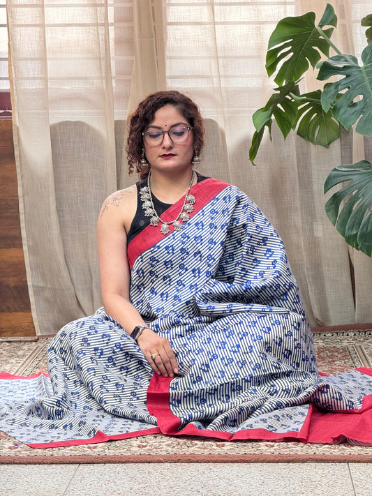 White Blue Handblock Printed Tussar Silk Saree