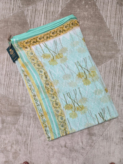 WHITE TURQUOISE HANDBLOCK KOTA DORIYA SAREE