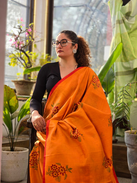 Orange Pure Silk Printed Saree