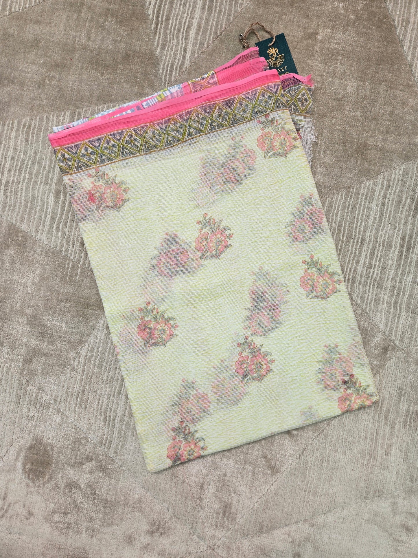 WHITE GREEN HANDBLOCK KOTA DORIYA SAREE