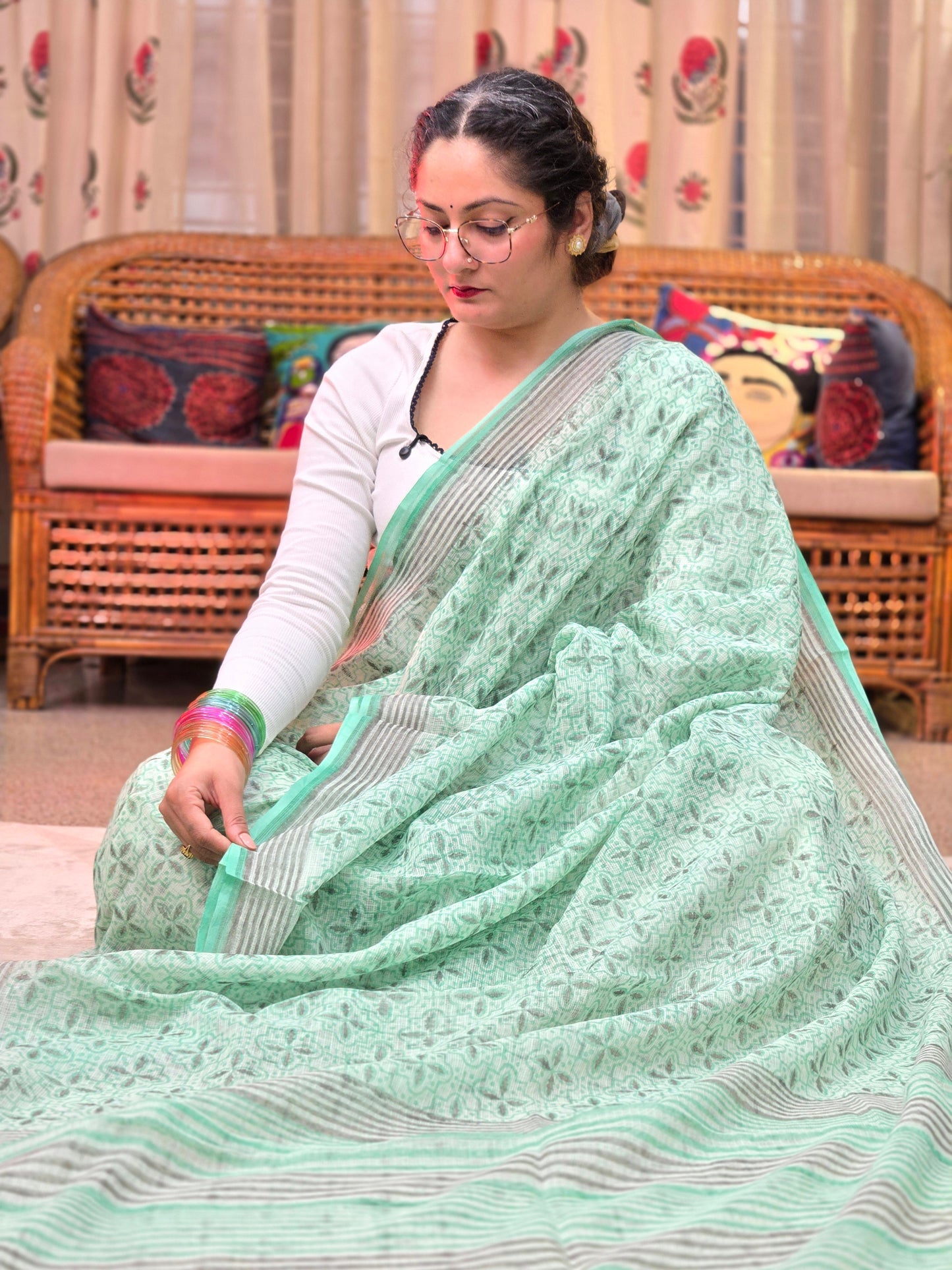 TURQUOISE HANDBLOCK KOTA DORIYA SAREE