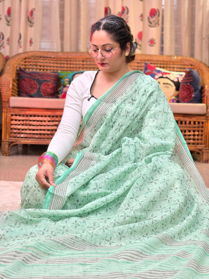 TURQUOISE HANDBLOCK KOTA DORIYA SAREE