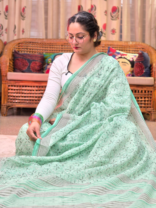 TURQUOISE HANDBLOCK KOTA DORIYA SAREE