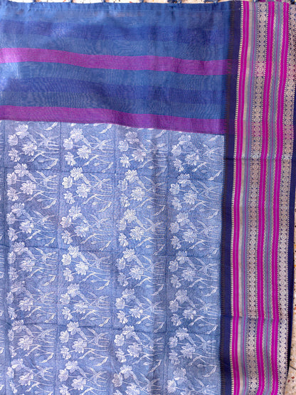 Blue Printed Silk Cotton Saree 4