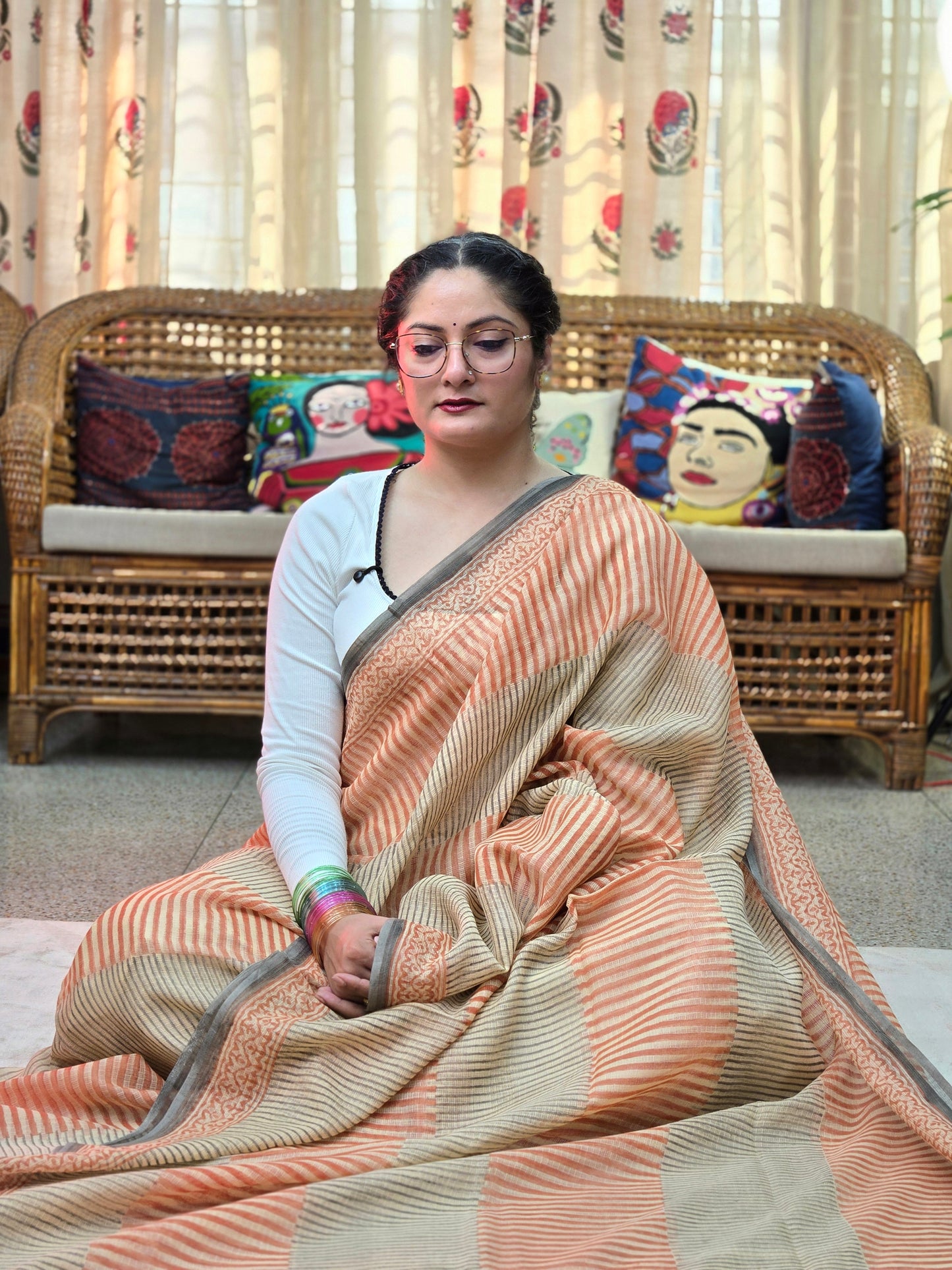 PEACH BEIGE HANDBLOCK KOTA DORIYA SAREE