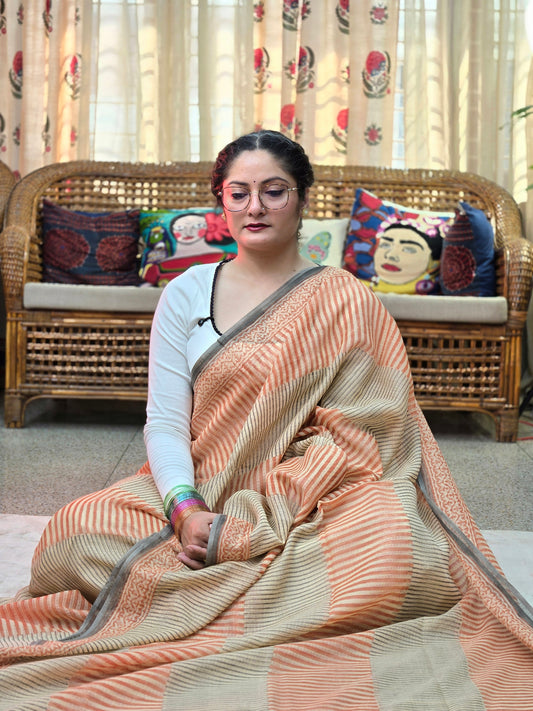 PEACH BEIGE HANDBLOCK KOTA DORIYA SAREE