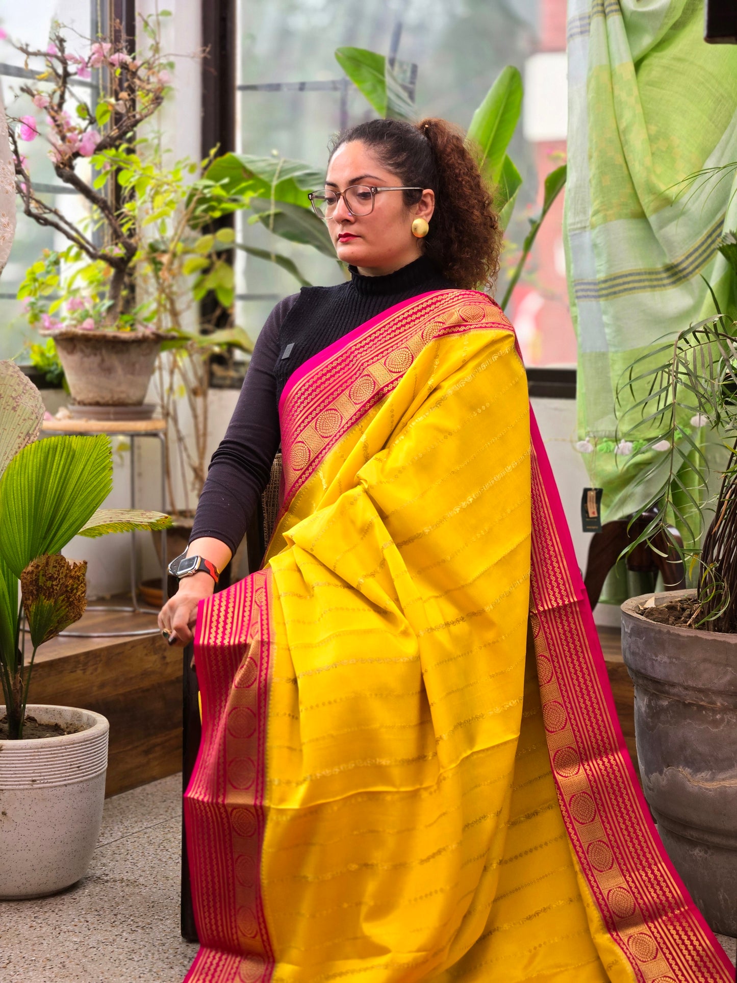 Yellow Pink Myosre crepe Silk Saree