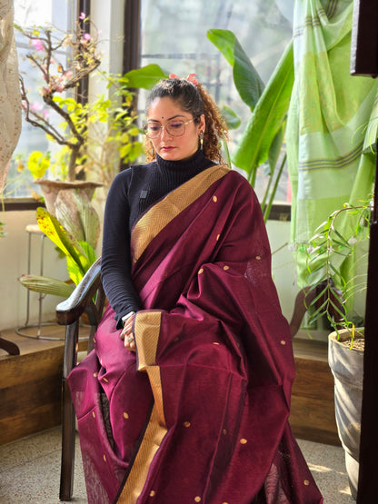 Maroon Maheshwari Silk Cotton Saree