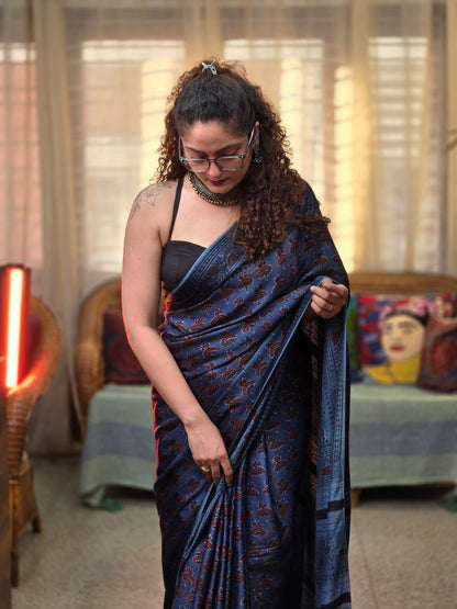 Indigo Printed Modal Silk Saree