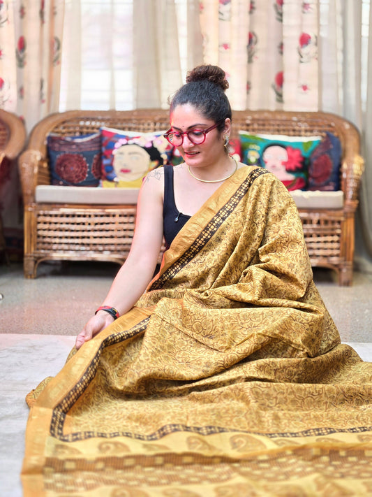 Yellow silk cotton handblock saree