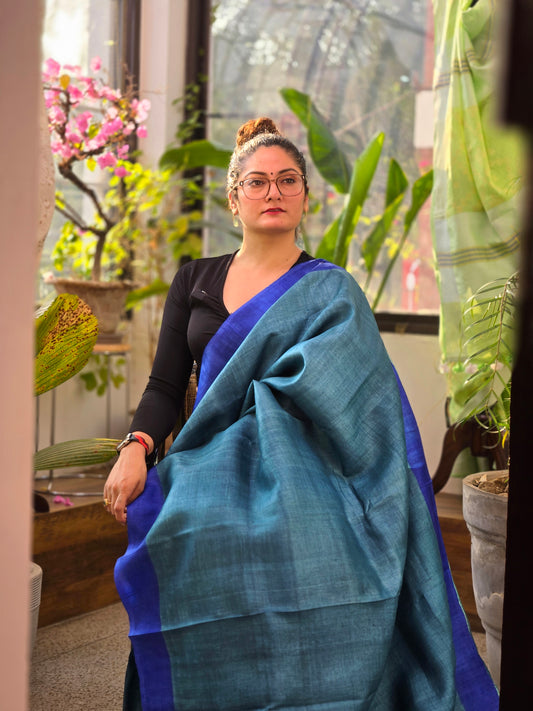 Blue Printed Tussar Silk Saree