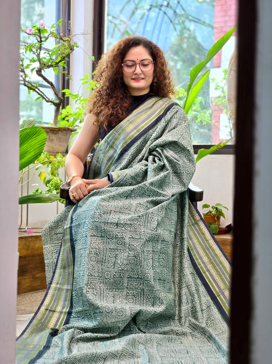 Green Printed Silk Cotton Saree 1