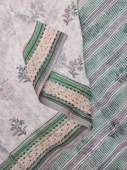 WHITE GREEN HANDBLOCK KOTA DORIYA SAREE