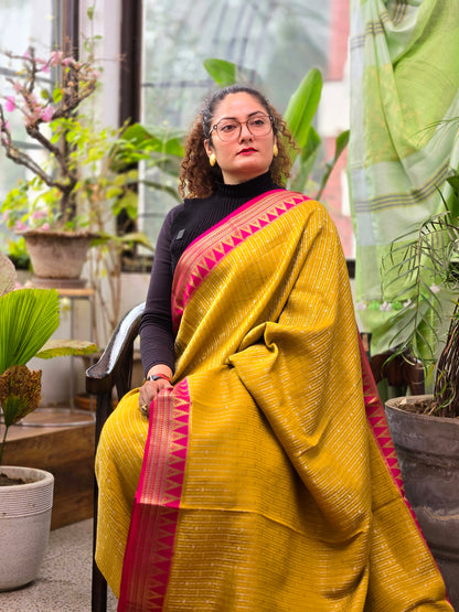 Mustard Yellow Pink Mysore Crepe Silk Saree