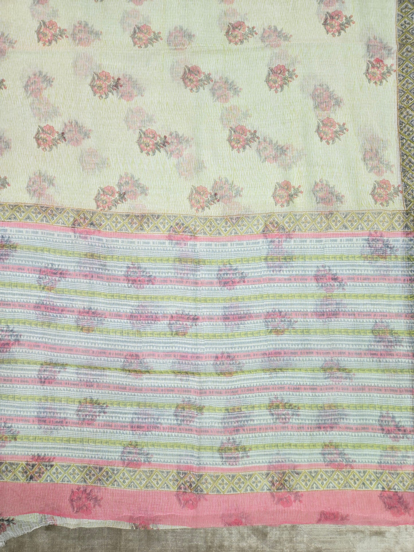 WHITE GREEN HANDBLOCK KOTA DORIYA SAREE