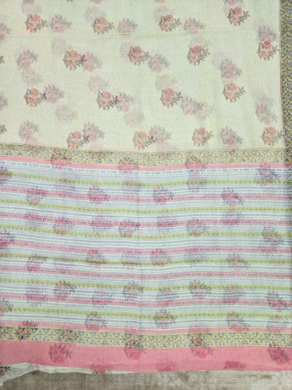 WHITE GREEN HANDBLOCK KOTA DORIYA SAREE