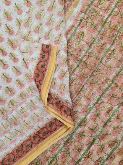 WHITE PEACH HANDBLOCK KOTA DORIYA SAREE