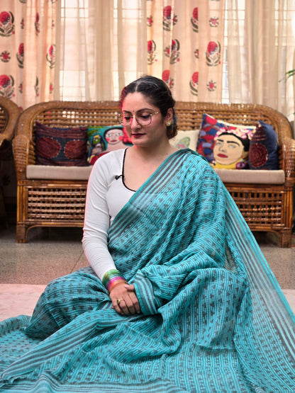 BLUE HANDBLOCK KOTA DORIYA SAREE