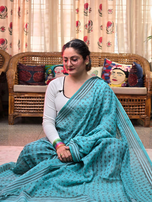 BLUE HANDBLOCK KOTA DORIYA SAREE