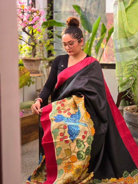 Black Painted Silk Saree