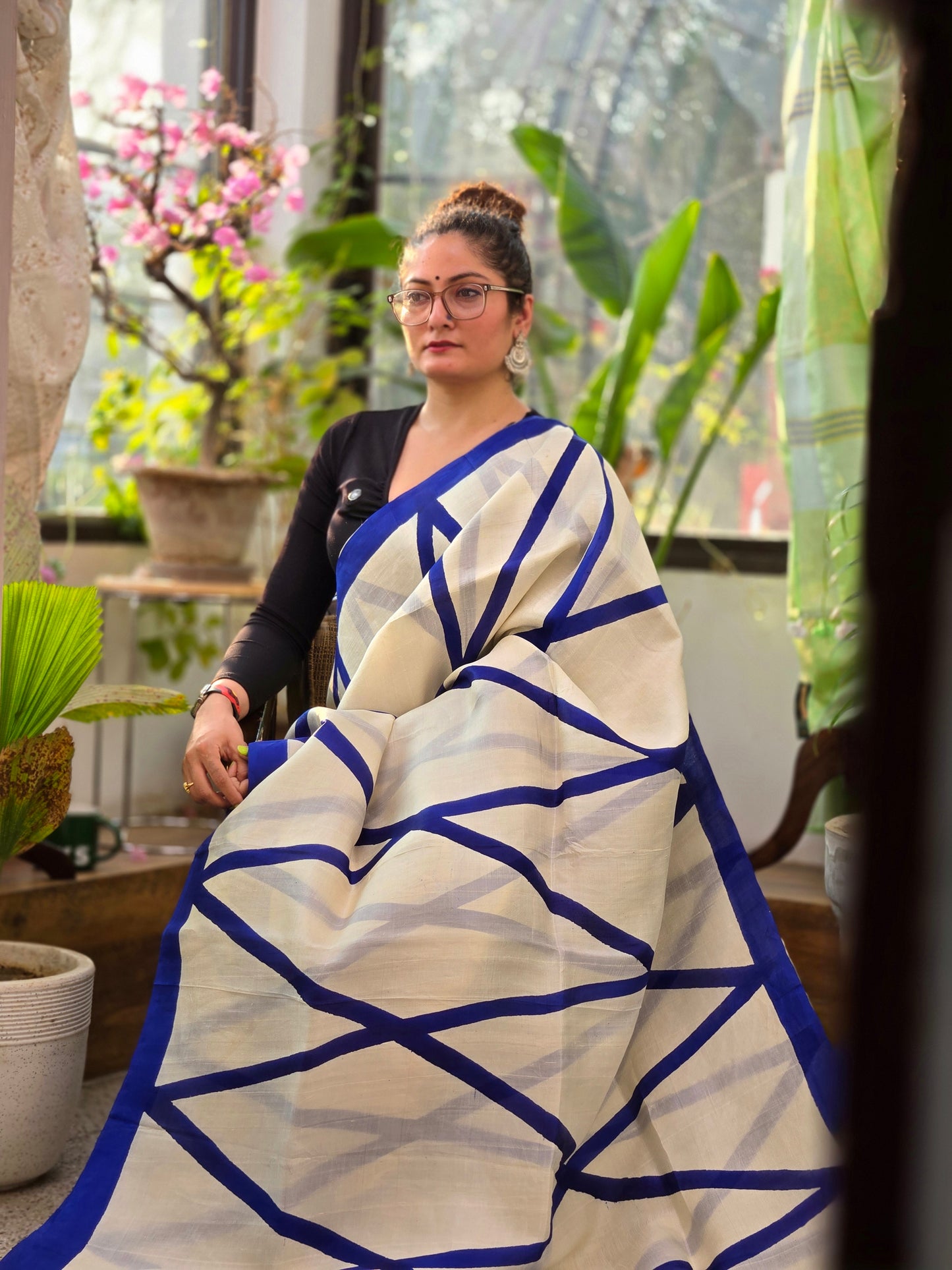 White Blue Printed Silk Saree