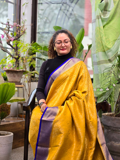 Yellow Blue Mysore Crepe Silk Saree