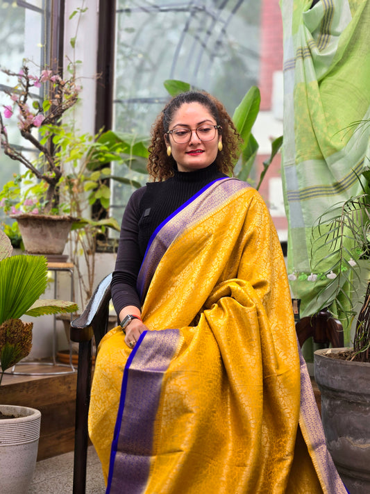 Yellow Blue Mysore Crepe Silk Saree