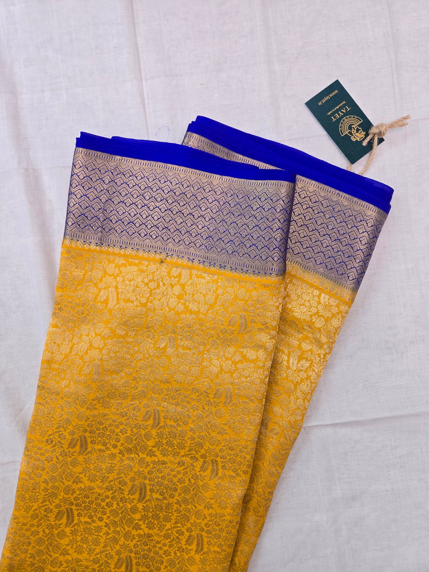 Yellow Blue Mysore Crepe Silk Saree