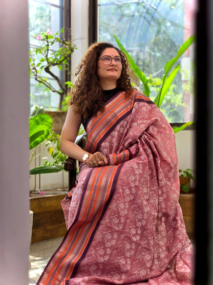 Orange Printed Silk Cotton Saree