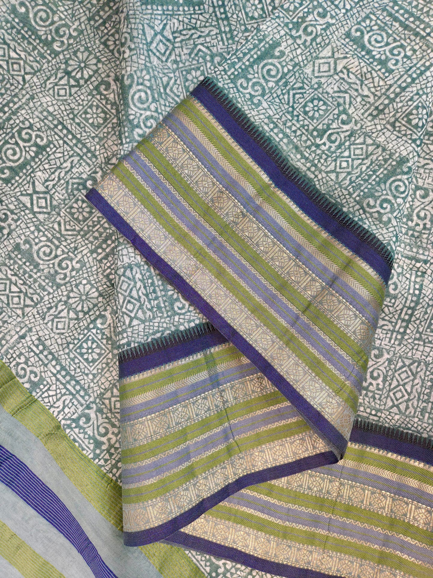 Green Printed Silk Cotton Saree 1