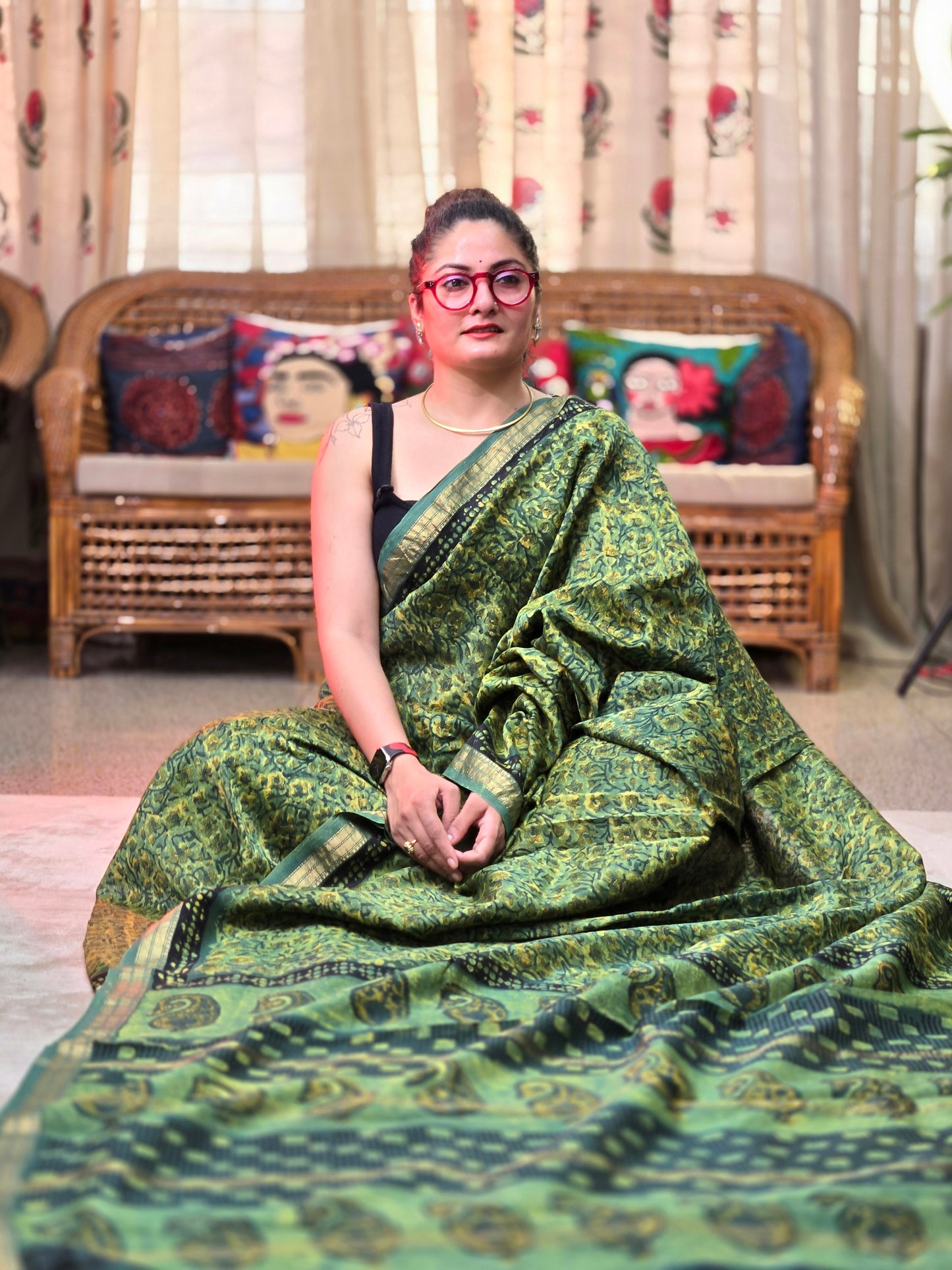 GREEN HANDBLOCK SILK COTTON SAREE