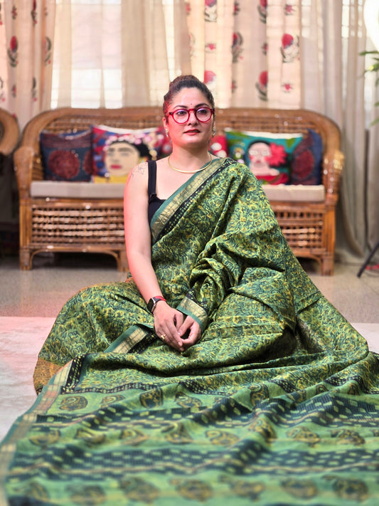 GREEN HANDBLOCK SILK COTTON SAREE
