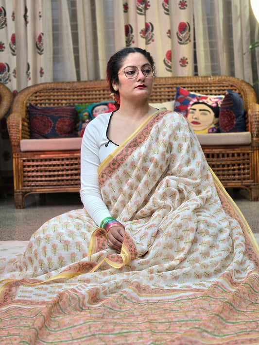 WHITE PEACH HANDBLOCK KOTA DORIYA SAREE