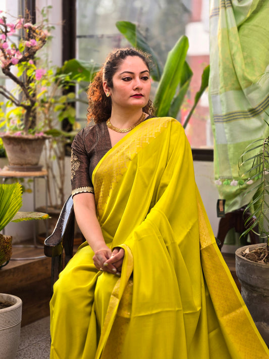 Lime Green Mysore Crepe Silk Saree