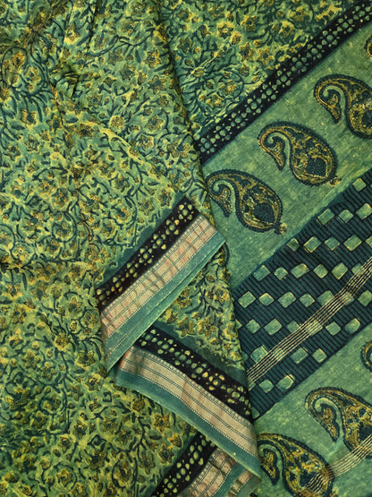 GREEN HANDBLOCK SILK COTTON SAREE